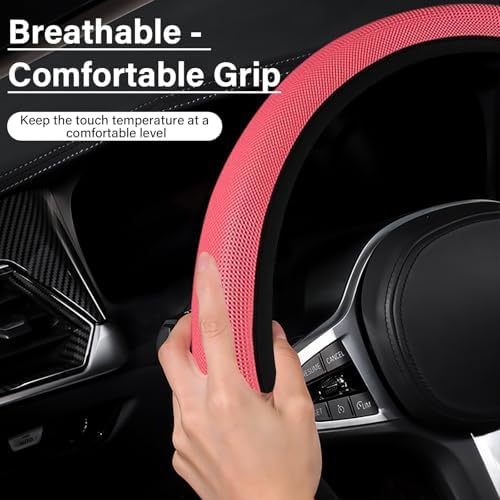 Red Mesh Steering Wheel Cover, Universal 15 inch, Elastic Stretch Microfiber - Image 3