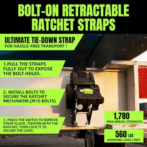 Retractable Ratchet Straps 1''x 12ft Heavy Duty Tie Downs Bolt on Auto Retract - Image 6