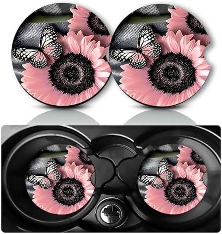 2Pcs Sunflower Butterfly Car Coasters, 2.75" Neoprene Cup Holder Coasters by Databa