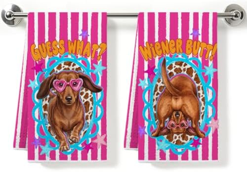 2 Pcs Funny Wiener Kitchen Towels, Soft Absorbent Waffle Hand Tea Towel by ZHAMEN