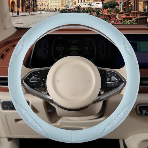 Nappa Leather Ice Silk Fabric Blue Steering Wheel Cover - Image 2