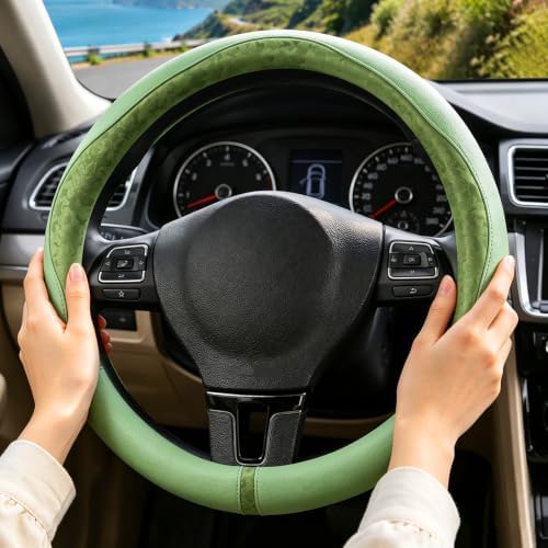 Green Patterned Leather Patchwork Steering Wheel Cover, 14.5-15 Inch Universal - Image 6