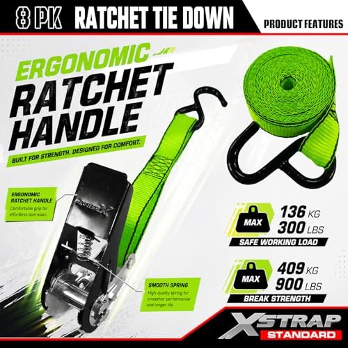 XSTRAP STANDARD 8 PK Ratchet Straps 1"x14ft Tie Down - Image 4