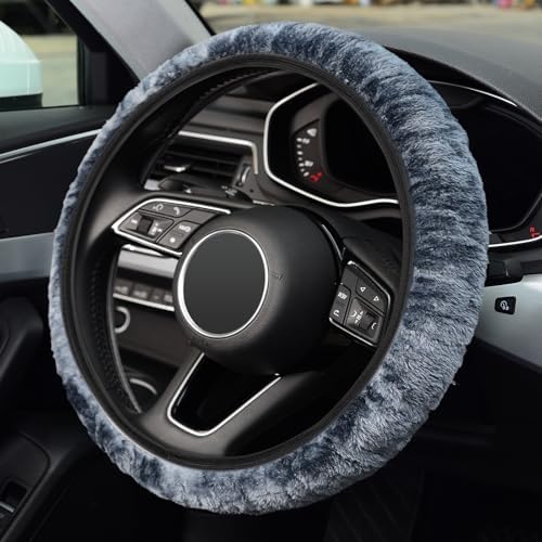 KAFEEK Grey Blue Fuzzy Steering Wheel Cover - Image 2
