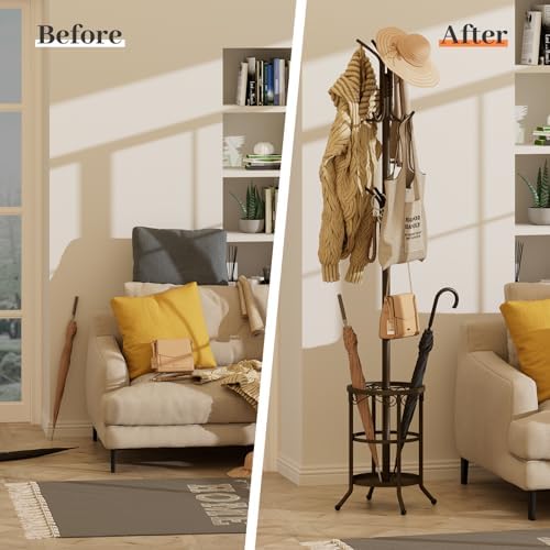 Coat Rack Freestanding With Umbrella Holder – Metal Hall Tree with 12 Hooks - Image 5