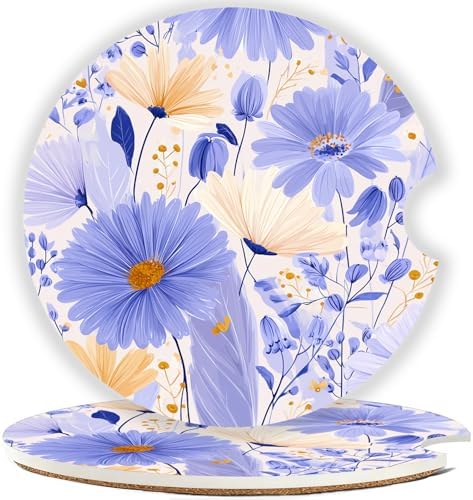 Ceramic Car Cup Holder Coasters Set of 2, 2.56 in Purple Flowers by Mengduxd
