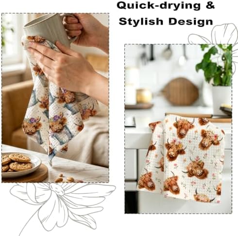 2 Pcs Cute Highland Cow Kitchen Towels, Cows Soft Absorbent Hand Towels 03 - Image 6