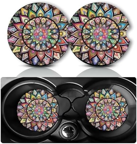 2Pcs Boho Mandala Car Coasters, 2.75" Neoprene Cars Cup Holder Coasters by Databa