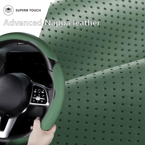 Car Steering Wheel Cover Leather 14.5-15 in Universal 3Pcs Set Green - Image 4