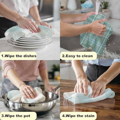 Blue Leaves 2 Pcs Green White Checkered Kitchen Towels Decorative Tea Towel - Image 5