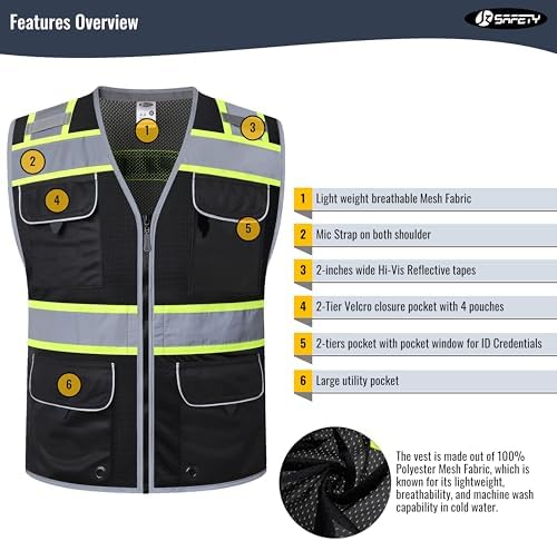 JKSafety Hi-Vis Unisex Surveyor Safety Vest Heavy Duty PPE Inner Pockets - Image 3