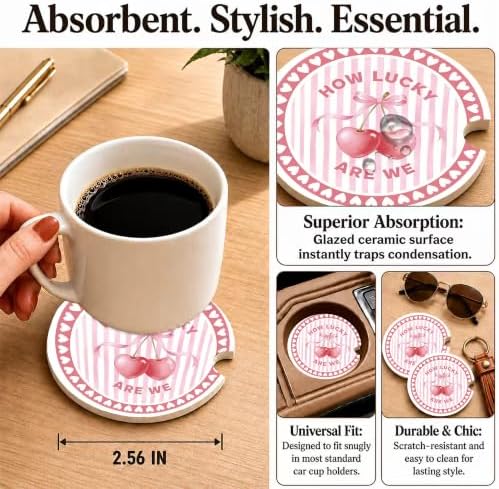 Pink Cherry Car Coasters, How Luck are We Coquette Cup Holders - Image 3