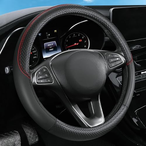 Leather Patchwork Black Steering Wheel Cover, 14.5-15 Inch Non-Slip Breathable - Image 2
