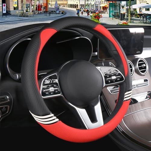 15 inch Cute Leather Steering Wheel Cover Black and Red by Binsheo