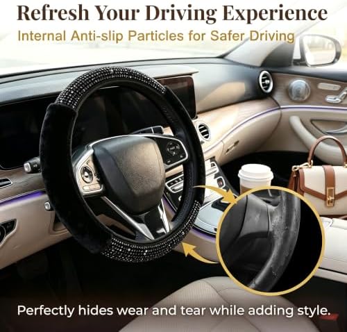 Black Bling Steering Wheel Cover Fluffy Rhinestone - Image 5