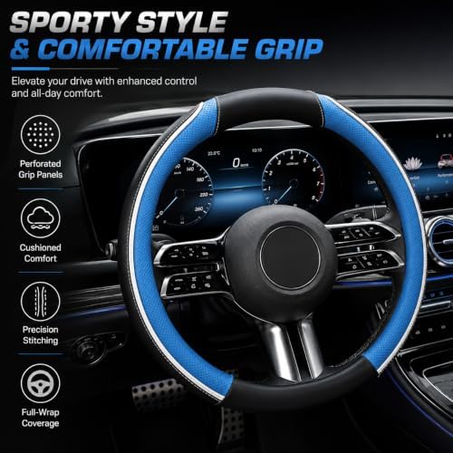 Car Steering Wheel Cover PU Leather Anti-Slip Protector Blue - Image 2