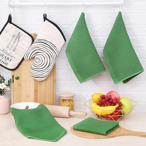 Homaxy 100% Cotton Waffle Weave Kitchen Dish Cloths 12-Pack, Grass Green - Image 6