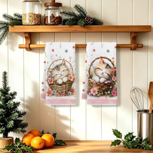 2 Pcs Cute Cat Kitchen Towels, Cat Theme Soft Absorbent Hand Tea Towels 03 - Image 5