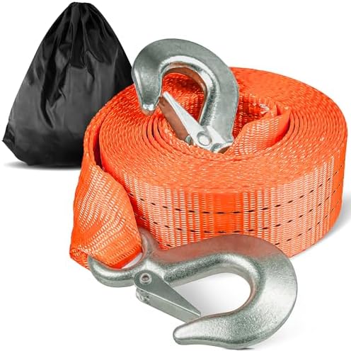 Tow Strap with Hooks 2”x20’ 15, 000 LBS, Tow Rope Metal Safety Hooks by Digank