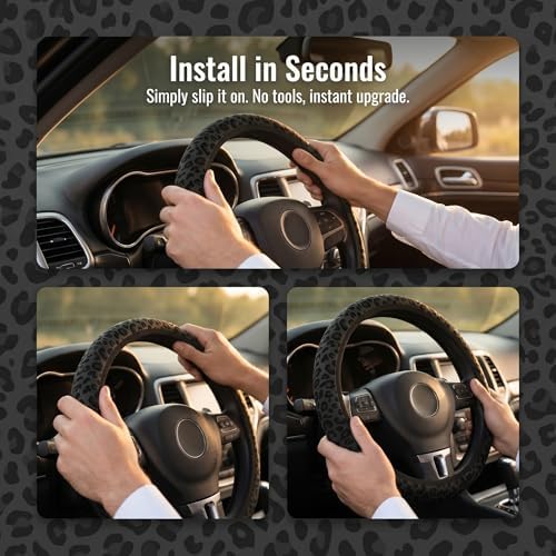 15 Inch Neoprene Steering Wheel Cover Nonslip Black Leopard Print - Image 7