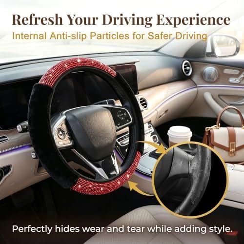 Bling Steering Wheel Cover Fluffy Red Rhinestone - Image 4
