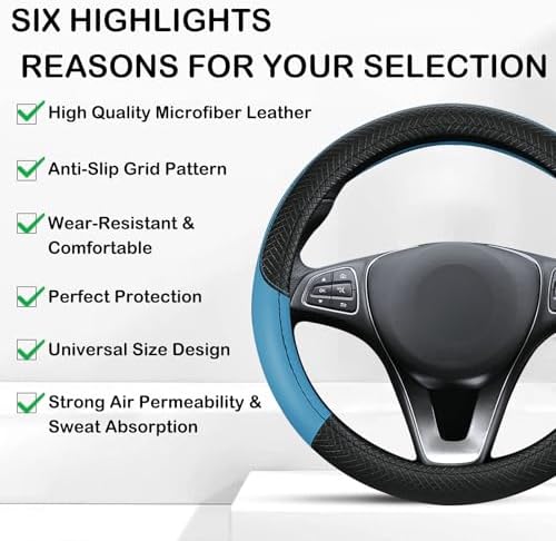Leather Patchwork Black Blue Steering Wheel Cover, 14.5-15 Inch Non-Slip - Image 5
