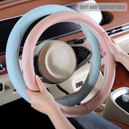 Nappa Leather Ice Silk Fabric Grey Steering Wheel Cover - Image 4