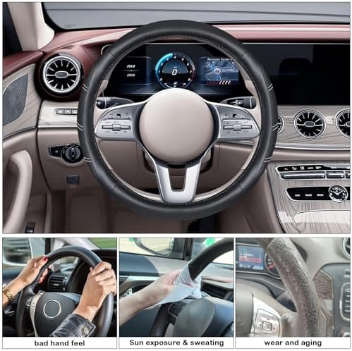 Black Line Punching Car Steering Wheel Cover, Microfiber Leather Sports - Image 3