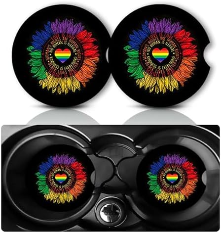 2Pcs Rainbow Sunflower Car Coasters, 2.75" Neoprene Cars Cup Holder Coaster by Databa
