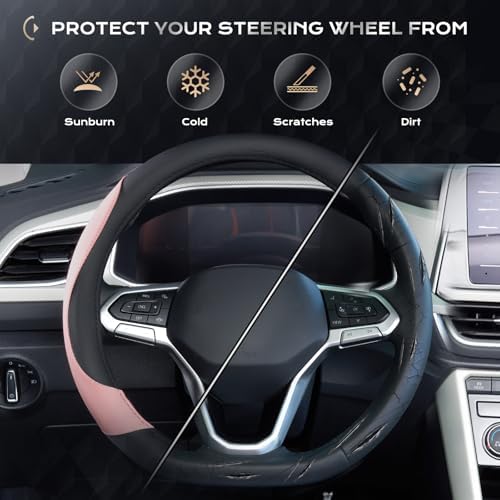 Coverado Car Steering Wheel Cover, Nappa Leather Black & Pink Steering Wheel - Image 6