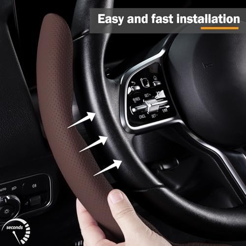 Car Steering Wheel Cover Leather 14.5-15 in Universal 3Pcs Set Brown - Image 3