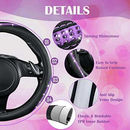 CAR PASS Bling Diamond Black Leather Steering Wheel Cover, Studded Crystal - Image 4