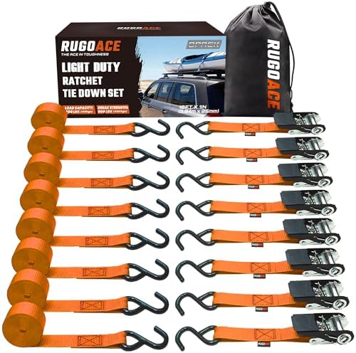 Ratchet Tie Down Straps 1 in x 10 ft 900 lbs Break Limit 8PK Orange RUGOACE by RUGOACE