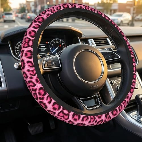 Leopard Print Pink Steering Wheel Cover 15 Inch +2 Pieces Car Coasters - Image 2