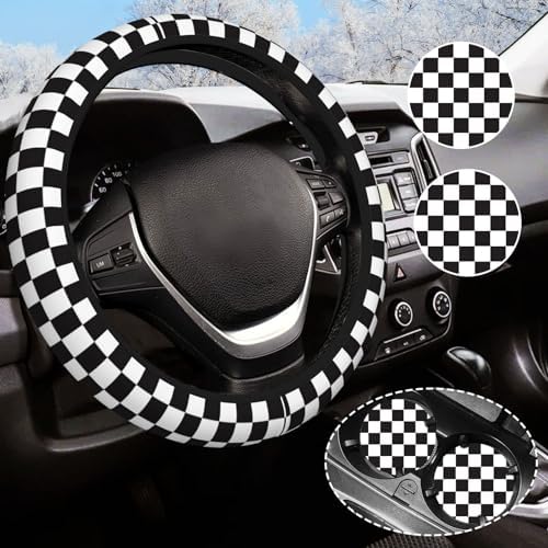 Black and White Checkered Steering Wheel Cover Rubber Anti-Slip 14.5-15 Inch by Olemier