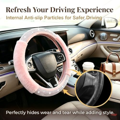 Bling Steering Wheel Cover Pink Fluffy Rhinestone - Image 5