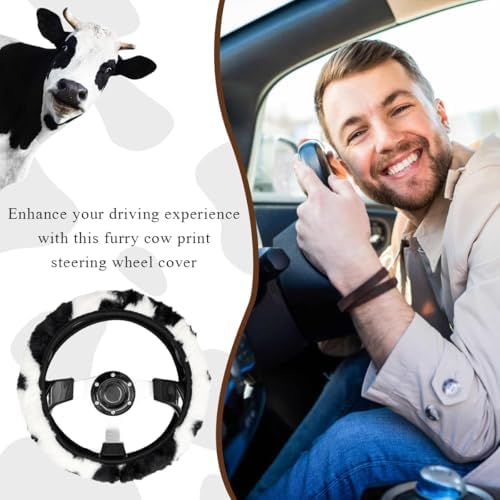 Cow Print Car Steering Wheel Cover, Cute Cow Print Anti-Slip Plush Wheel - Image 6