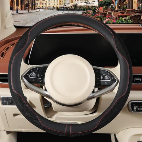 Nappa Leather Ice Silk Fabric Black Steering Wheel Cover - Image 2