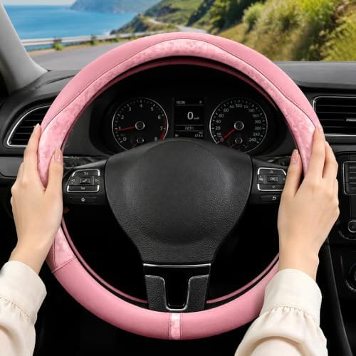 Pink Patterned Leather Patchwork Steering Wheel Cover, 14.5-15 Inch Universal - Image 6