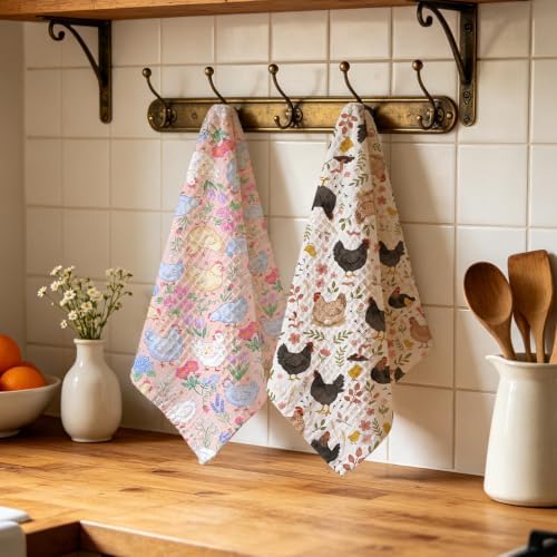 2 Pcs Cute Chicken Kitchen Towels, Floral Soft Absorbent Hand Tea Towel - Image 4