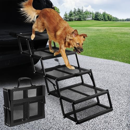 DGSL Folding Dog Stairs for Car, Mesh 16.9" Wide 4-Step Non-Slip Pet Steps by DGSL