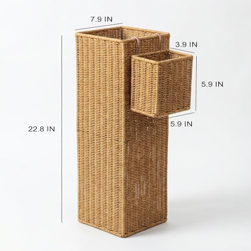 Rattan Umbrella Stand with Drip Tray, Umbrella Holder with Small Basket - Image 4