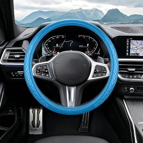 AUCELI 14.5-15 Inch Steering Wheel Cover Non-Slip Leather, Light Blue - Image 2