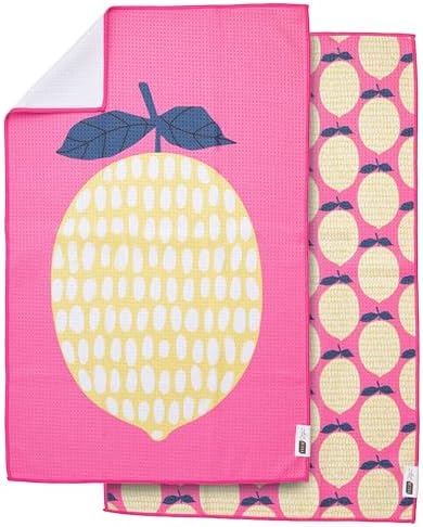 Ritz Waffle Microfiber Kitchen Towel 2pc Set – Lemons – Vibrant Pink & Yellow - Image 2