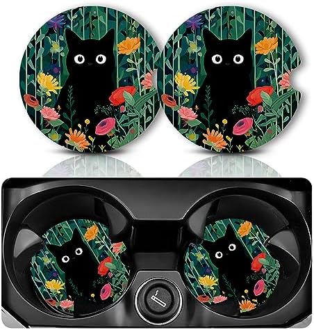 Yonlevres Car Coasters for Cup Holders, Flower Black Cat, 2 Pack by Yonlevres