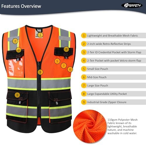 JKSafety Safety Vest for Men Women Hi Vis Reflective Vest JK220 OBlack 3XL - Image 3