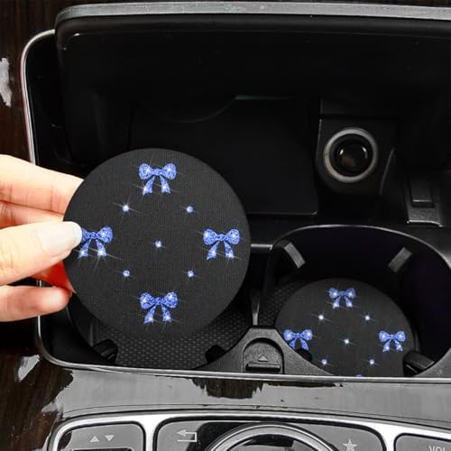 2PCS Car Coasters Rhinestone Bow Cup Holder Pad Anti-Slip Blue - Image 3