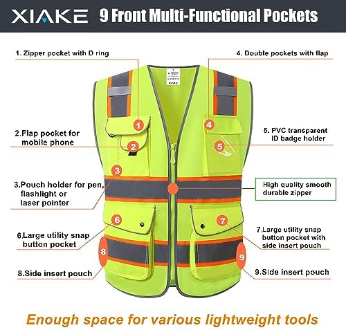 XIAKE 9 Pockets Class 2 High Visibility Reflective Safety Vest - Image 3