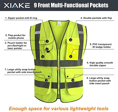 XIAKE 9 Pockets Class 2 High Visibility Reflective Safety Vest - Image 2