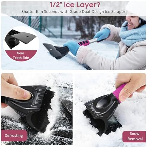YeewayVeh 39in Car Snow Brush Ice Scraper 360° Rotating, Magenta Pink - Image 3